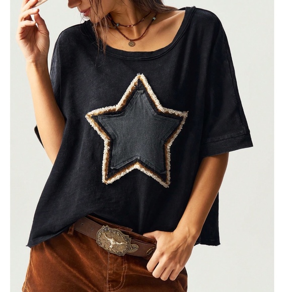 Boho Star Patch Round Neck Short Sleeve Top - Picture 2 of 6